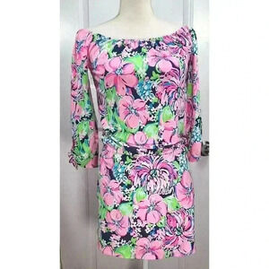 Lilly Pulitzer Donna Romper XXS Pink Green Floral Off Shoulder 3/4 Tie Sleeve
